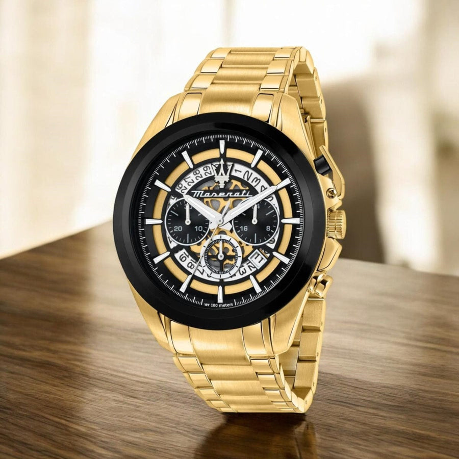 Maserati Traguardo Skeleton Black Dial Gold Steel Strap Watch For Men - R8873612058
