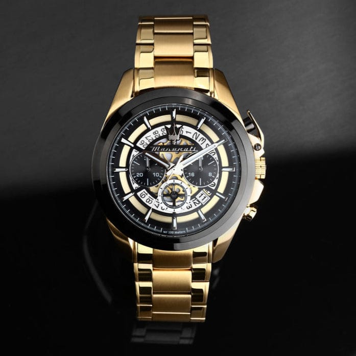 Maserati Traguardo Skeleton Black Dial Gold Steel Strap Watch For Men - R8873612058