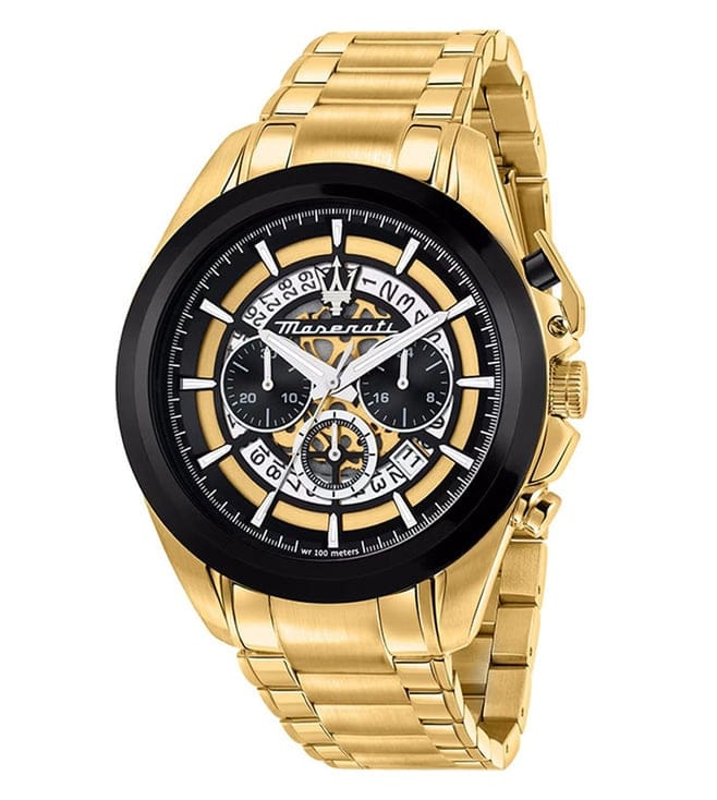 Maserati Traguardo Skeleton Black Dial Gold Steel Strap Watch For Men - R8873612058