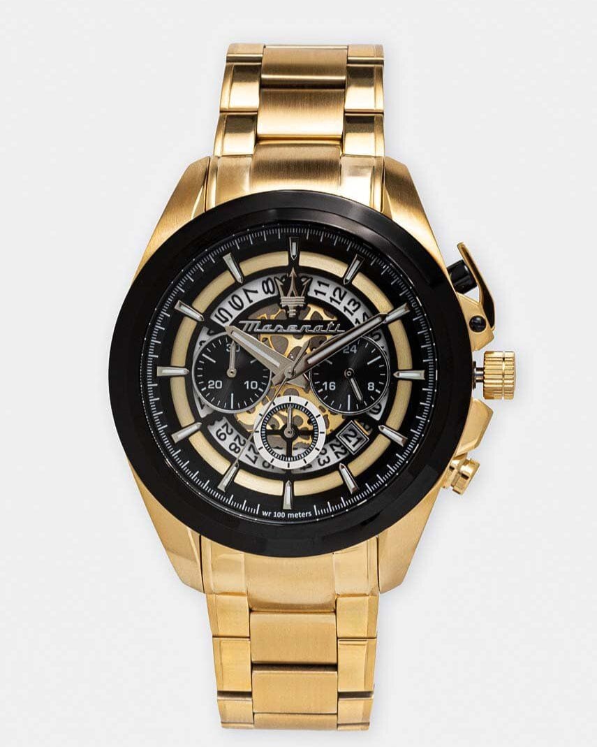 Maserati Traguardo Skeleton Black Dial Gold Steel Strap Watch For Men - R8873612058