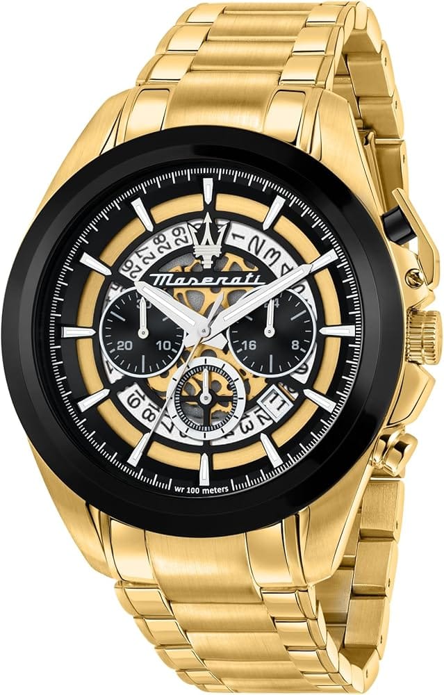 Maserati Traguardo Skeleton Black Dial Gold Steel Strap Watch For Men - R8873612058
