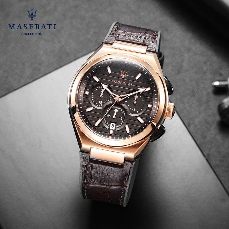 Maserati Triconic Chronograph Grey Dial Brown Leather Strap Watch For Men - R8871639003