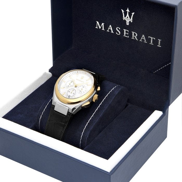Maserati Triconic Chronograph White Dial Black Leather Strap Watch For Men - R8871639004