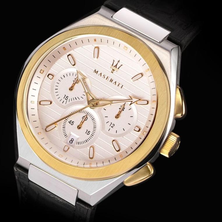 Maserati Triconic Chronograph White Dial Black Leather Strap Watch For Men - R8871639004