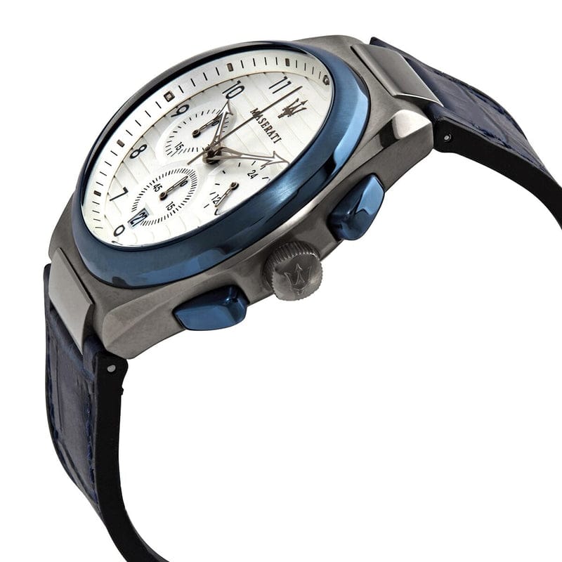 Maserati Triconic Chronograph White Dial Blue Leather Strap Watch For Men - R8871639001