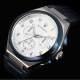 Maserati Triconic Chronograph White Dial Blue Leather Strap Watch For Men - R8871639001