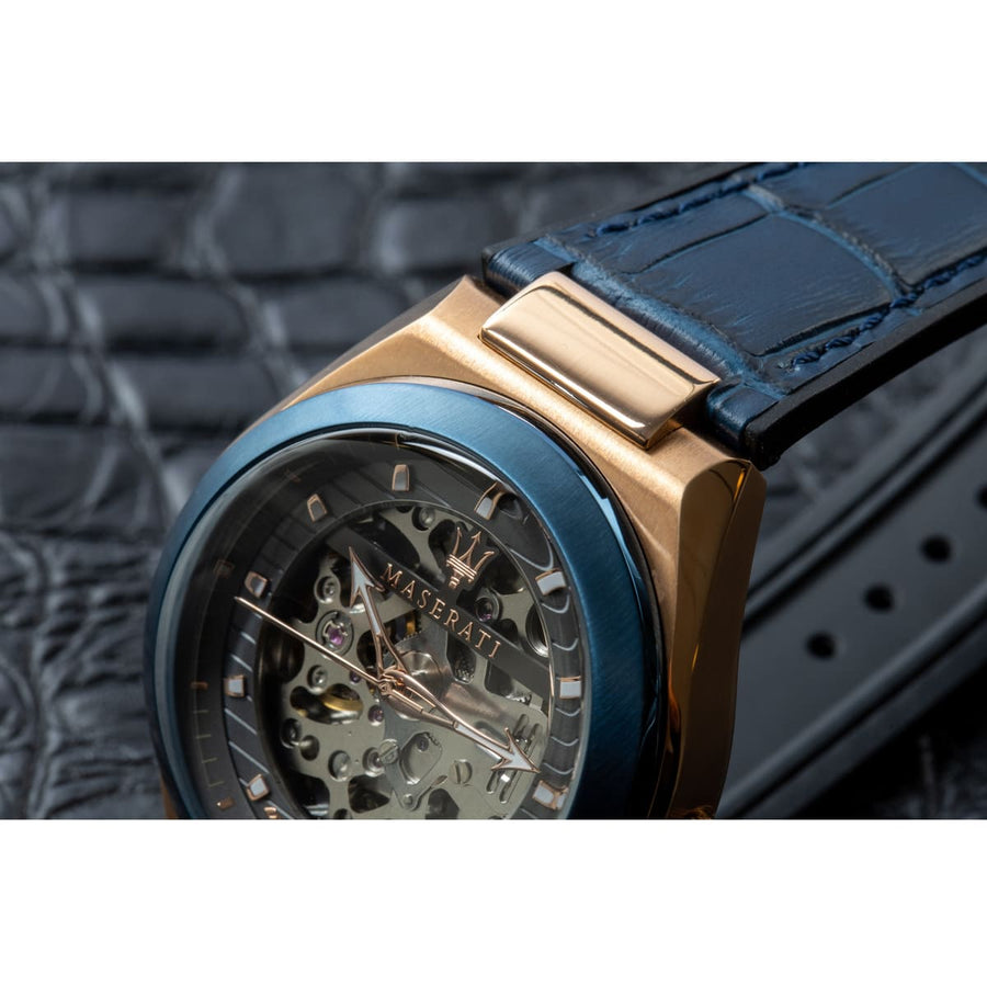 Maserati Triconic Skeleton Black Dial Blue Leather Strap Watch For Men - R8821139001