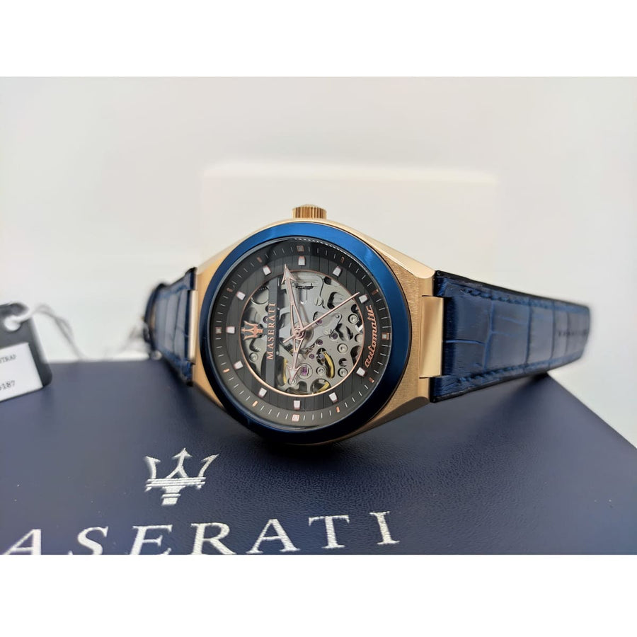 Maserati Triconic Skeleton Black Dial Blue Leather Strap Watch For Men - R8821139001
