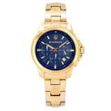 Maserati Successo Chronograph Blue Dial Gold Steel Strap Watch For Men - R8873621021