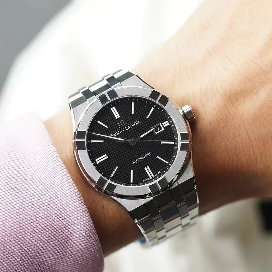 Maurice Lacroix Aikon Automatic Black Dial Silver Steel Strap Watch For Men - AI6008-SS002-330-1
