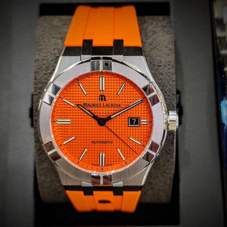 Maurice Lacroix Aikon Automatic Date Orange Dial Silver Steel Strap Watch For Men - AI6008-SS00F-530-E