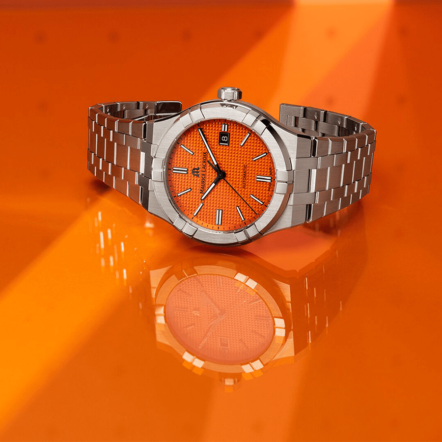 Maurice Lacroix Aikon Automatic Date Orange Dial Silver Steel Strap Watch For Men - AI6008-SS00F-530-E