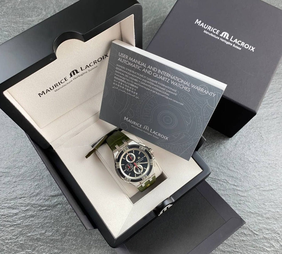 Maurice Lacroix Aikon Chronograph Black Dial Green Leather Strap Watch for Men - AI1018-PVB21-330-1