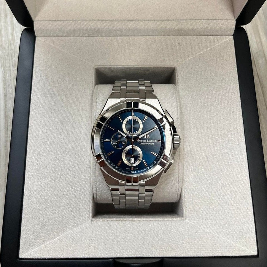 Maurice Lacroix Aikon Chronograph Blue Dial Silver Steel Strap Watch for Men - AI1018-SS002-430-1