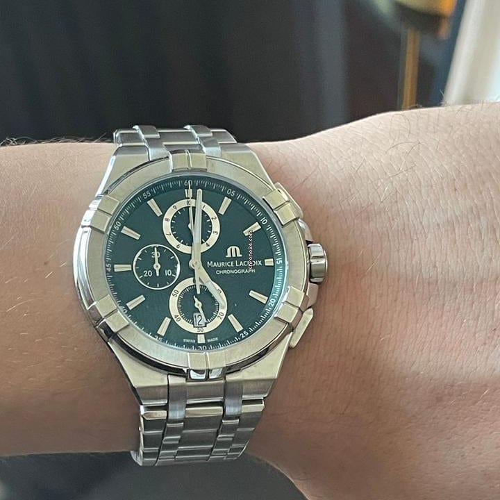 Maurice Lacroix Aikon Chronograph Green Dial Silver Steel Strap Watch For Men - AI1018-SS002-630-1