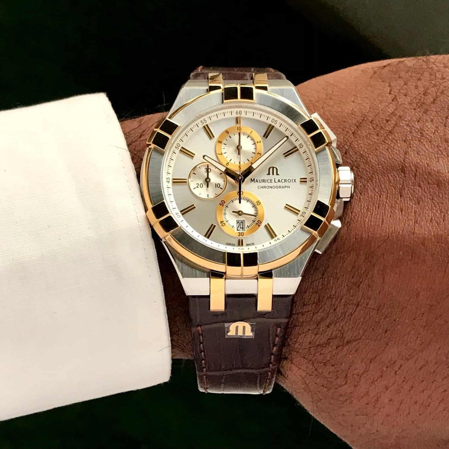 Maurice Lacroix Aikon Chronograph White Dial Brown Leather Strap Watch For Men - AI1018-PVY11-132-1