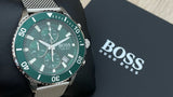 Hugo Boss Admiral Green Dial Silver Mesh Bracelet Watch for Men - 1513905