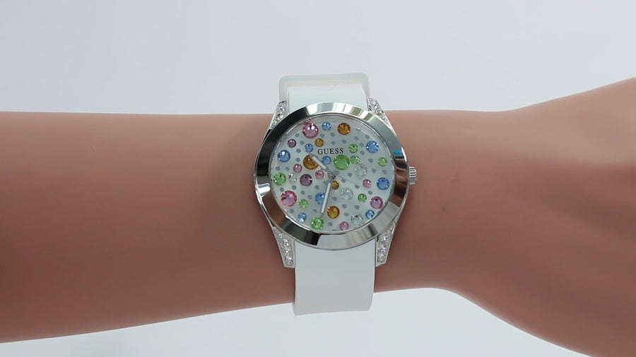 Guess Wanderlust Crystals Silver Dial White Rubber Strap Watch for Women - W1059L1