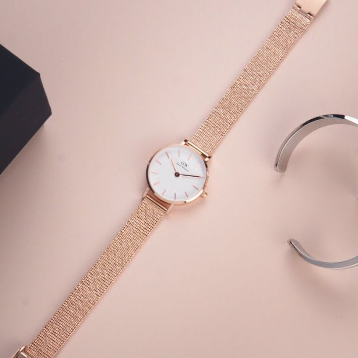 Daniel Wellington Petite Pressed Melrose White Dial Gold Mesh Bracelet Watch For Women - DW00100447