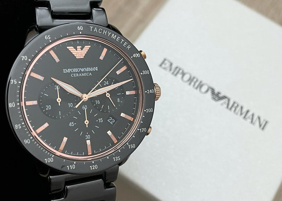 Emporio Armani Mario Ceramic Chronograph Black Dial Black Steel Strap Watch For Men - AR70002