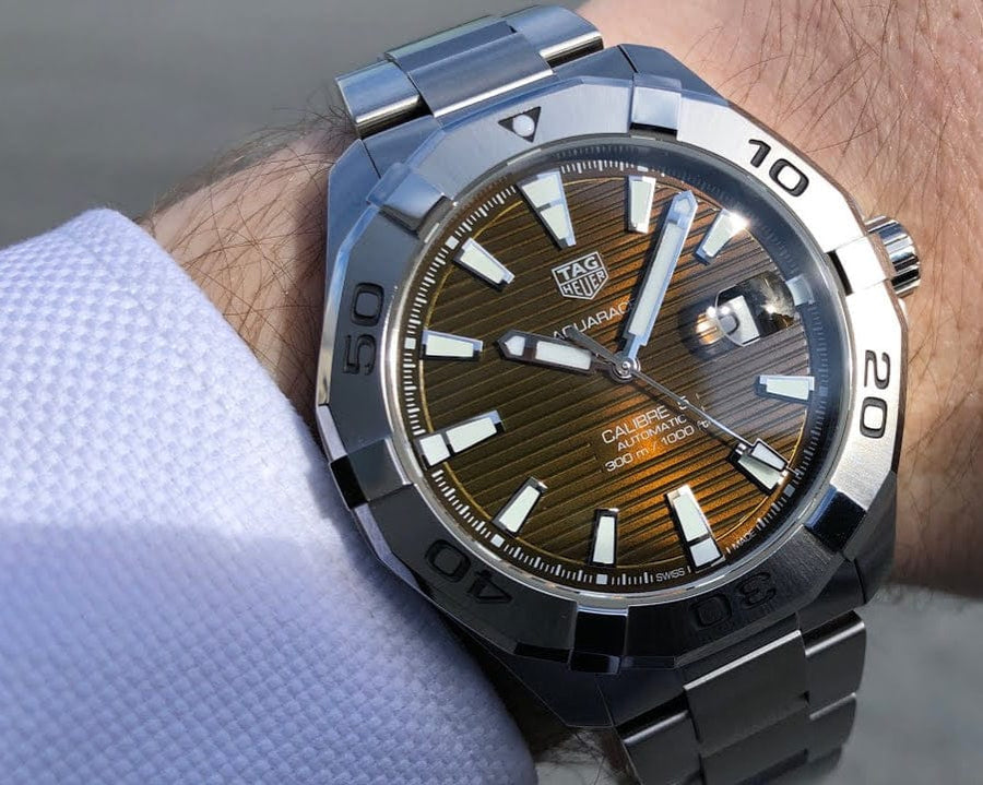 Tag Heuer Aquaracer Calibre 5 Automatic Brown Sunray Dial Silver Steel Strap Watch for Men - WAY2018.BA0927