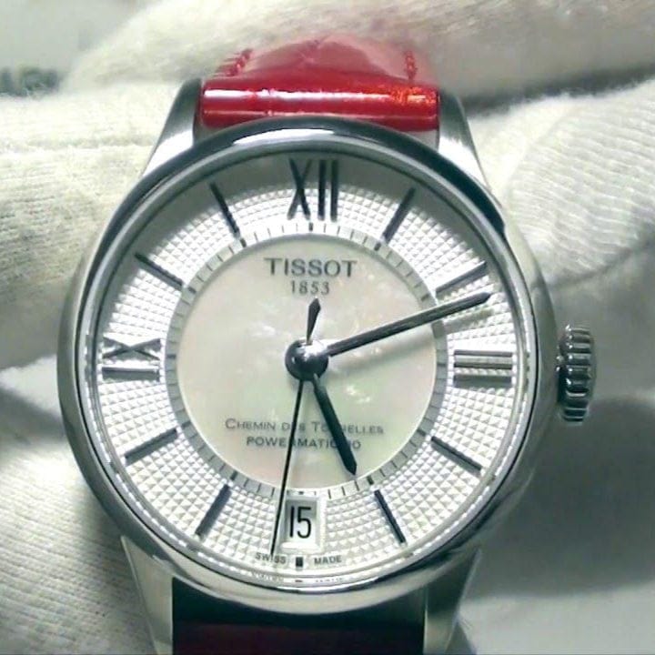 Tissot Chemin Des Tourelles Powermatic 80 Mother of Pearl White Dial Red Leather Strap Watch For Women - T099.207.16.118.00