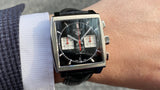 Tag Heuer Monaco Automatic Chronograph Black Dial Black Leather Strap Watch for Men - CBL2113.FC6177