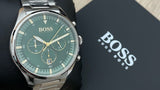 Hugo Boss Pioneer Green Dial Silver Steel Strap Watch for Men - 1513868