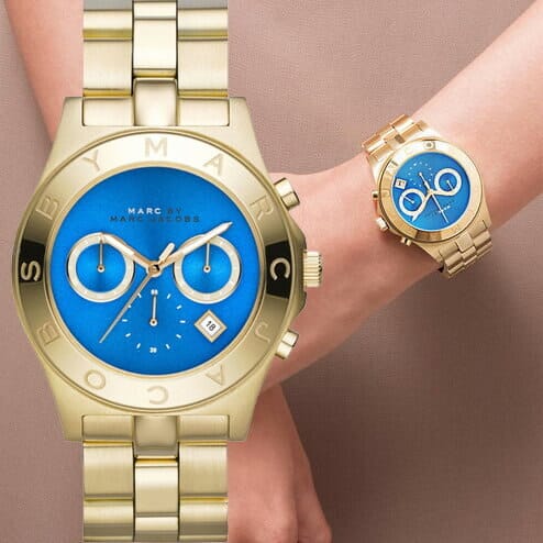 Marc Jacobs Blade Chronograph Blue Dial Gold Steel Strap Watch for Women - MBM3307
