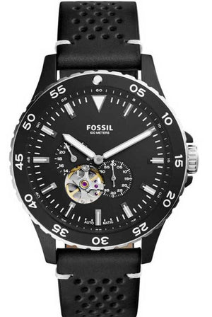 Fossil Crewmaster Sports Automatic Black Dial Black Leather Strap Watch for Men - ME3148