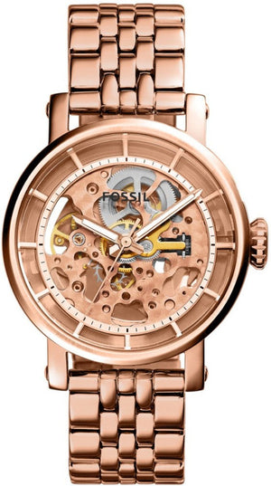 Fossil Boyfriend Automatic Skeleton Rose Gold Dial Rose Gold Steel Strap Watch for Women - ME3065