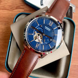 Fossil Townsman Automatic Blue Dial Brown Leather Strap Watch for Men - ME3110