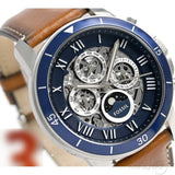 Fossil Grant Sport Automatic Skeleton Blue Dial Brown Leather Strap Watch for Men - ME3140