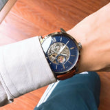 Fossil Townsman Automatic Skeleton Blue Dial Brown Leather Strap Watch for Men - ME3154