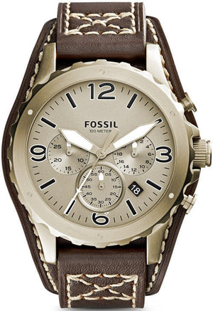 Fossil Nate Chronograph Gold Dial Brown Leather Strap Watch for Men - JR1495