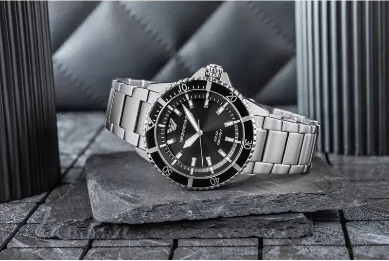 Emporio Armani World Explorer Solar Black Dial Silver Steel Strap Watch for Men - AR11787