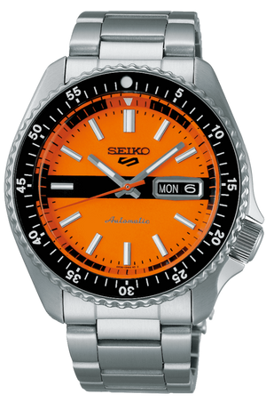 Seiko 5 Sports Double Hurricane Retro Orange Dial Silver Steel Strap Watch For Men - SRPK11K1