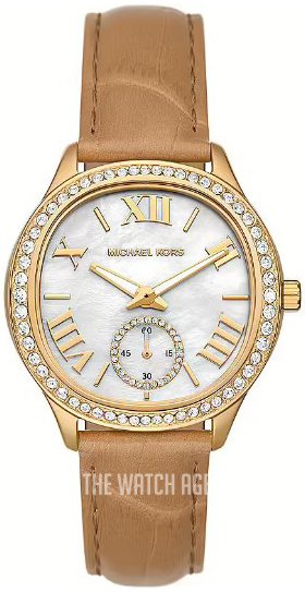 Michael Kors Sage Three-Hand Mother of Pearl White Dial Brown Leather Strap Watch for Women - MK4819