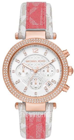 Michael Kors Parker Chronograph White Dial Two Tone Leather Strap Watch For Women - MK6951