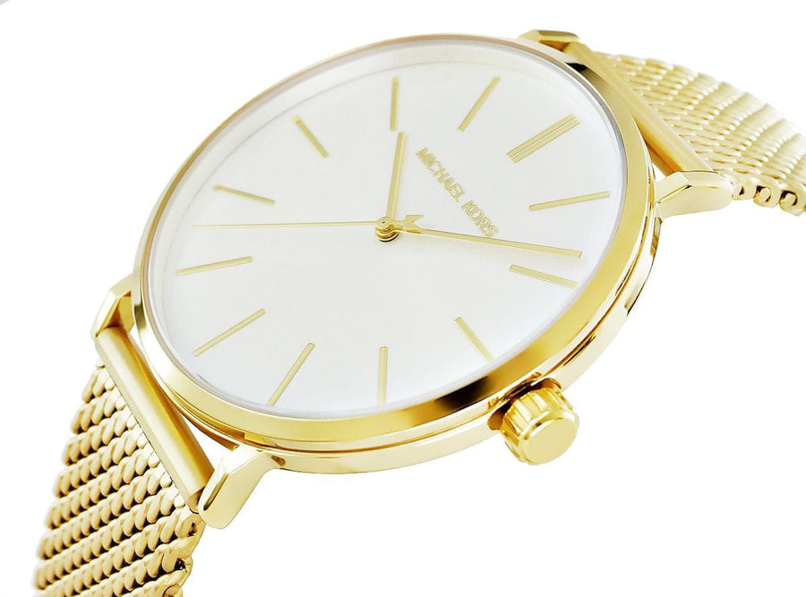 Michael Kors Auden Three Hand White Dial Gold Mesh Strap Watch for Women - MK7150