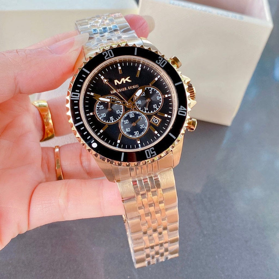 Michael Kors Bayville Chronograph Black Dial Gold Steel Strap Watch For Men - MK8726