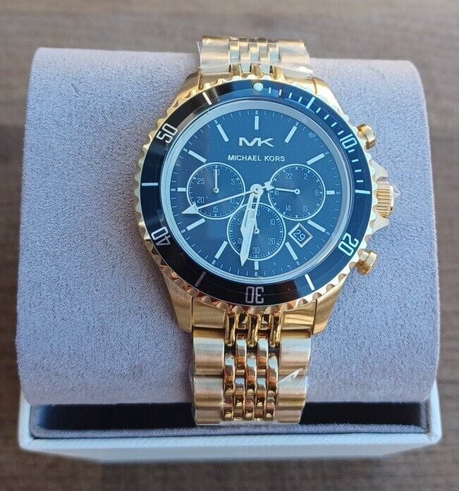 Michael Kors Bayville Chronograph Black Dial Gold Steel Strap Watch For Men - MK8726