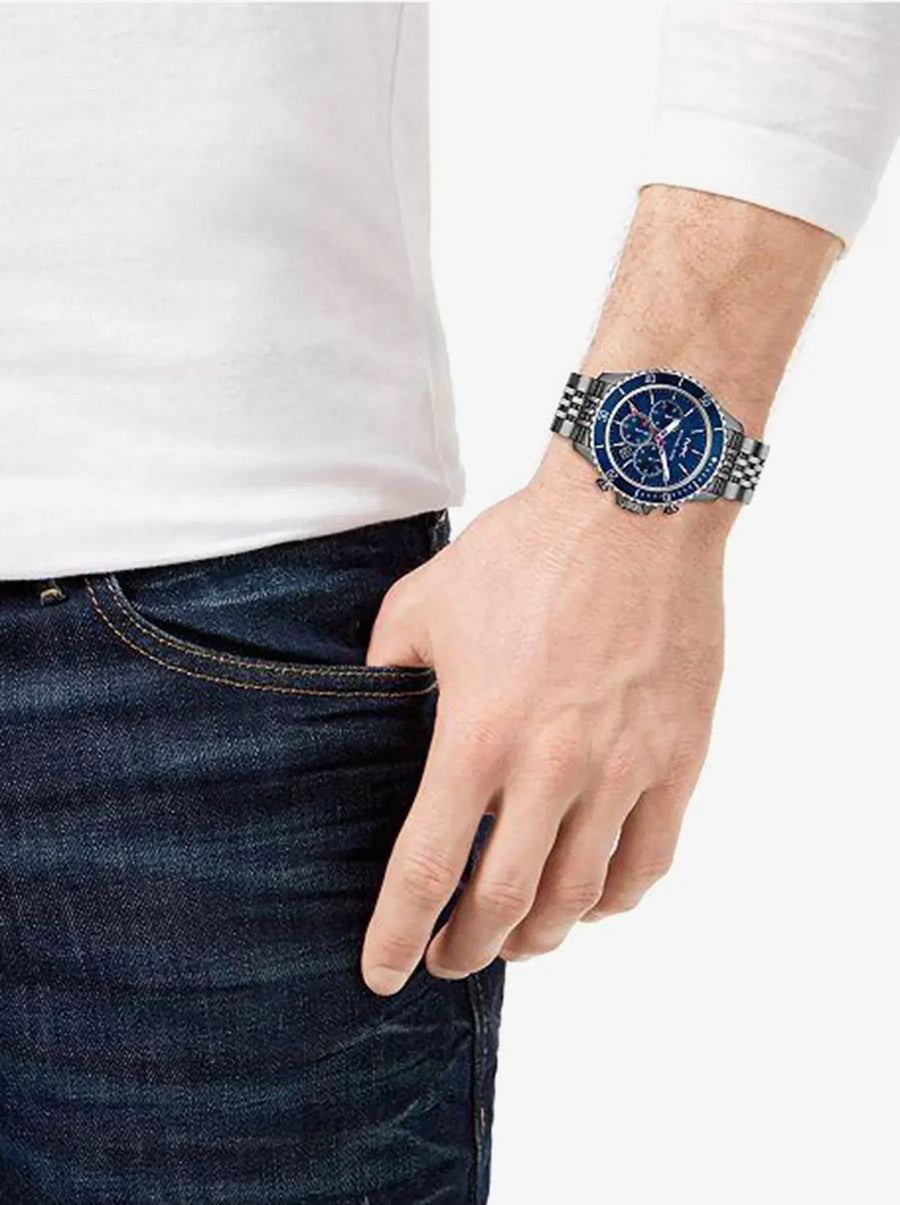 Michael Kors Bayville Chronograph Blue Dial Grey Steel Strap Watch For Men - MK8727