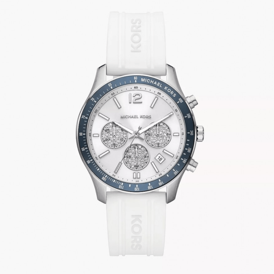 Michael Kors Berkley Chronograph Silver Dial White Rubber Strap Watch For Women  - MKO1040q