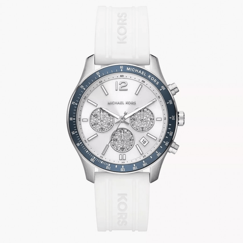Michael Kors Berkley Chronograph Silver Dial White Rubber Strap Watch For Women  - MKO1040q