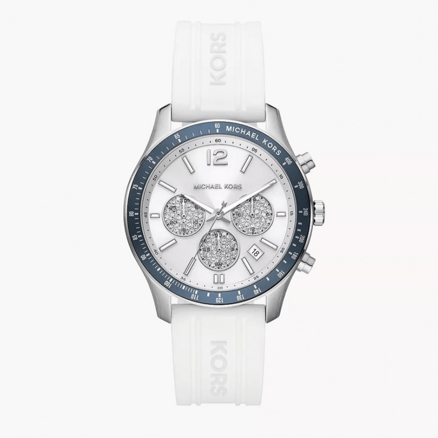 Michael Kors Berkley Chronograph Silver Dial White Rubber Strap Watch For Women  - MKO1040q
