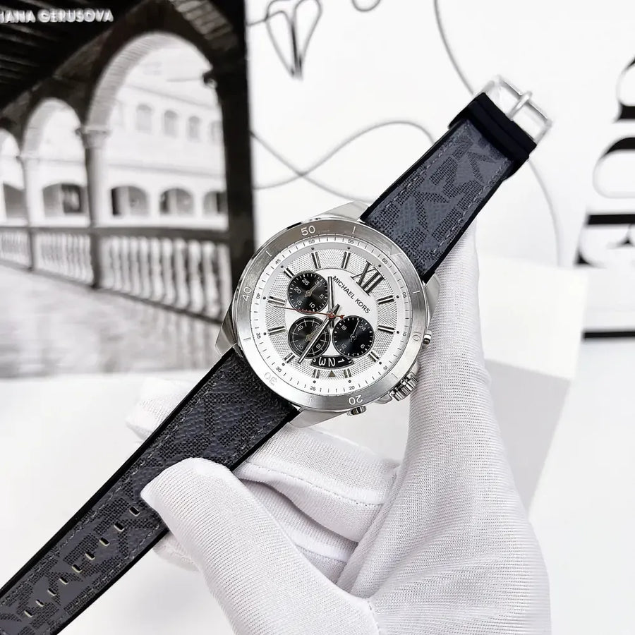 Michael Kors Brecken Chronograph Silver Dial Grey Leather Strap Watch For Men - MK8922