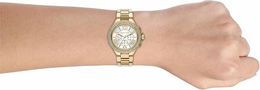 Michael Kors Camille Chronograph White Dial Gold Steel Strap Watch For Women - MK6994