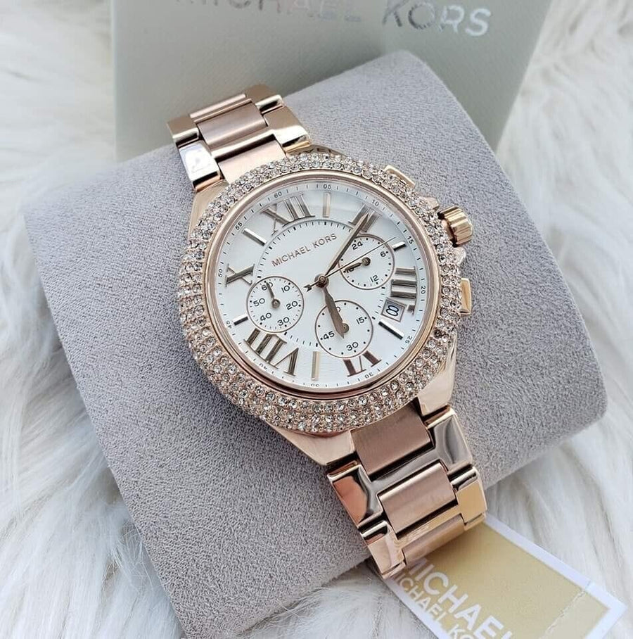 Michael Kors Camille Chronograph White Dial Rose Gold Steel Strap Watch For Women - MK6995
