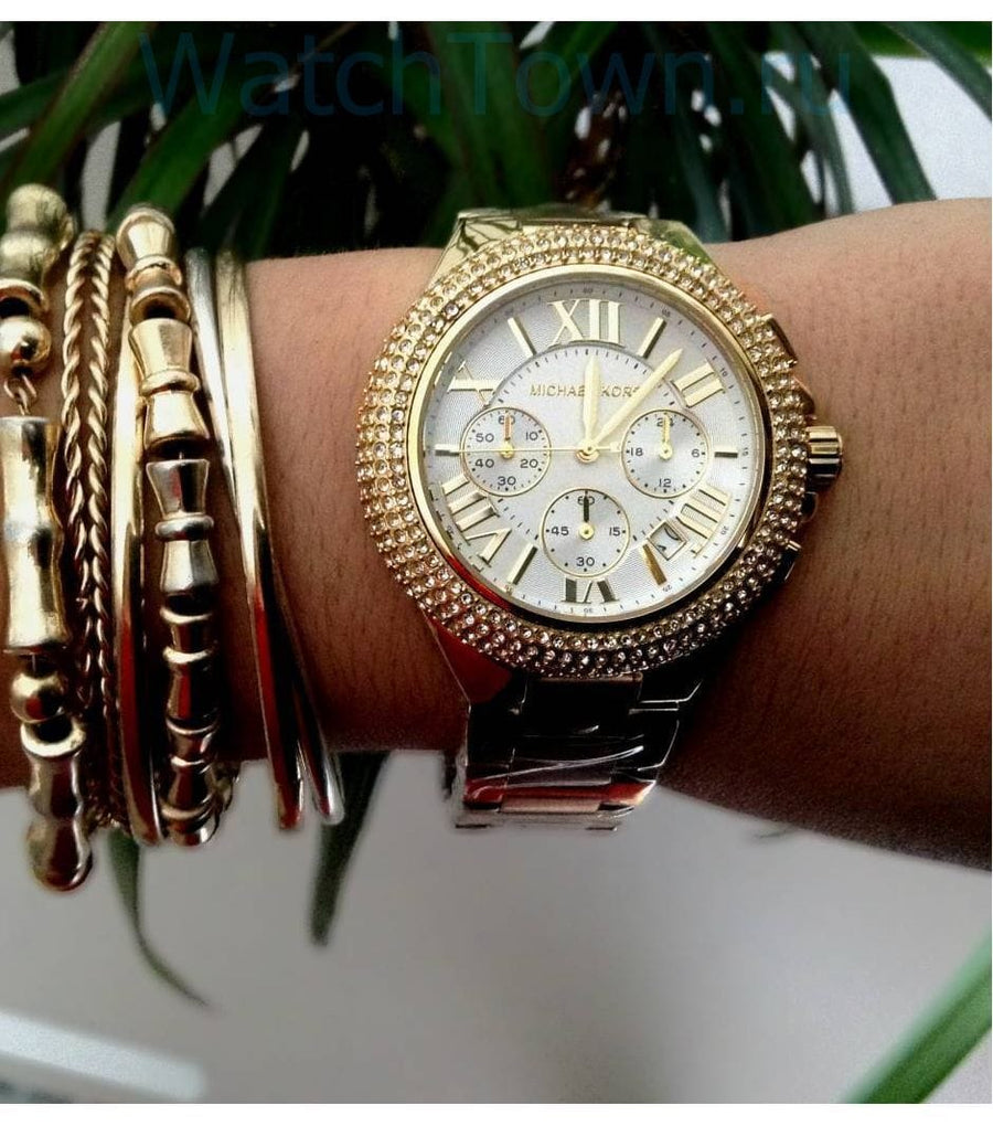 Michael Kors Camille Silver Diamonds Dial Gold Steel Strap Watch for Women - MK5756